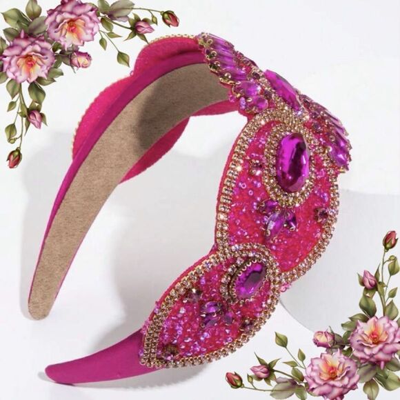 Pink Cubic Zirconia Decor Headband Gorgeous Wide Edge Gem Rhinestone Headband - Picture 1 of 9